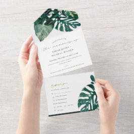 MODERNE TROPISCHE MONSTERA FOLIAGE GREEN WATERCOLO ALL IN ONE EINLADUNG