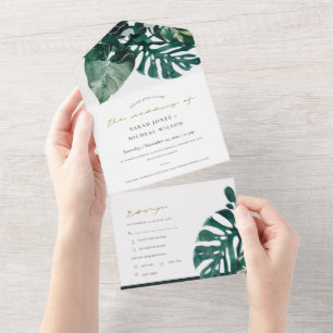 MODERNE TROPISCHE MONSTERA-FOLIEN GRÜN AQUARELL  ALL IN ONE EINLADUNG