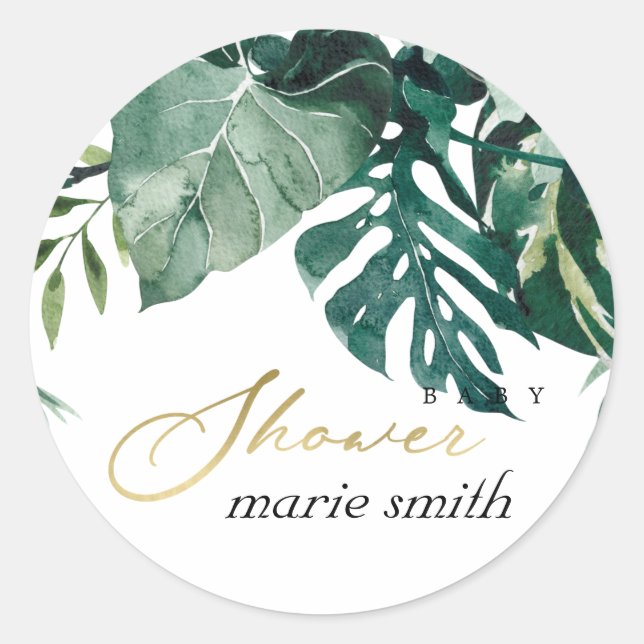 Moderne tropische Monstera Green Foliage Babydusch Runder Aufkleber (Vorderseite)