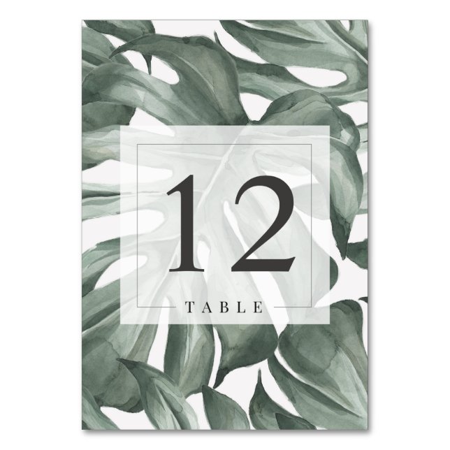 Moderne tropische Monstera Palm Blätter Hochzeit Tischnummer (Rückseite)