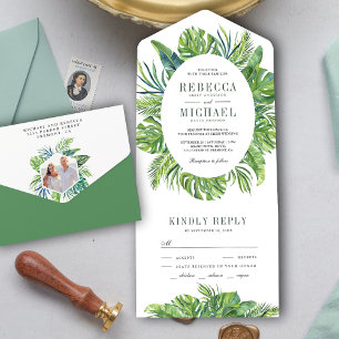 Moderne tropische Monstera-Palmenblätter Hochzeit All In One Einladung