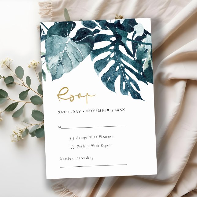 Moderne tropische Monsterie Foliage Wedding Blue U Begleitkarte (Von Creator hochgeladen)