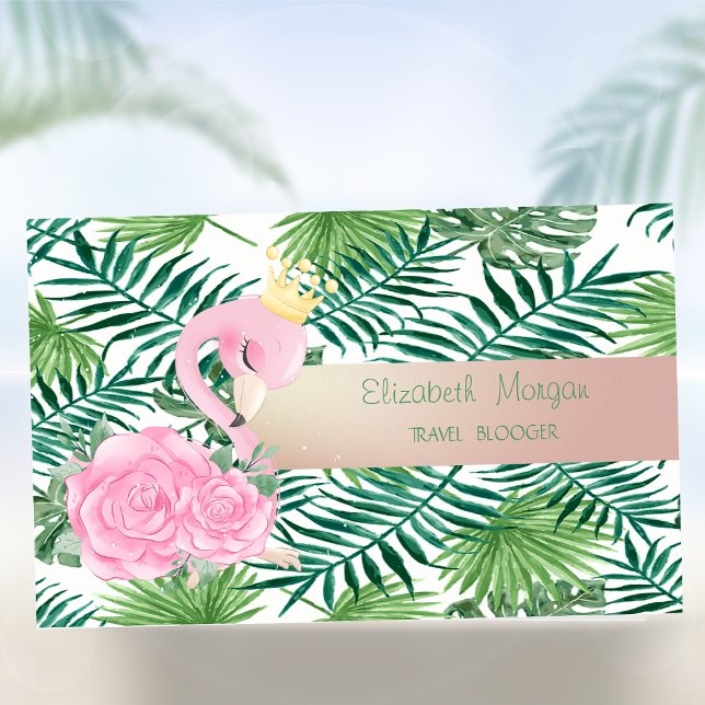 Moderne tropische Palm-Blätter, Baby Pink Flamingo Visitenkarte (Von Creator hochgeladen)