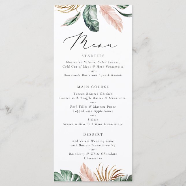 Moderne tropische Palmblättrige Typografie Blush W Menükarte (Vorderseite)