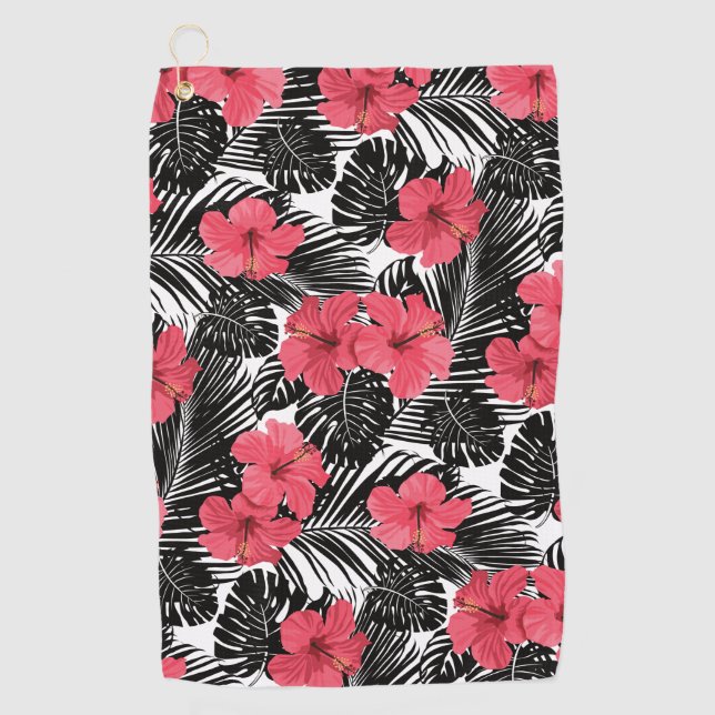 Moderne tropische Palme und Hibiskus-Muster Golfhandtuch (Vorderseite)