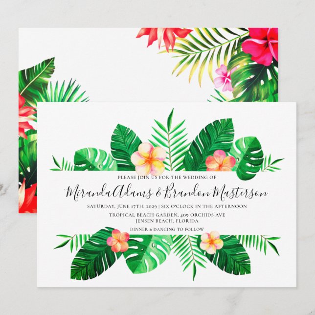 Moderne tropische Palmen Blätter Blumenzehen Einladung (Vorne/Hinten)