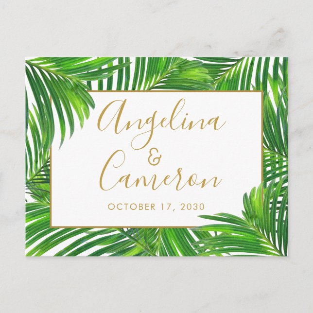 Moderne tropische Palmen Blätter Save the Date Postkarte (Vorderseite)