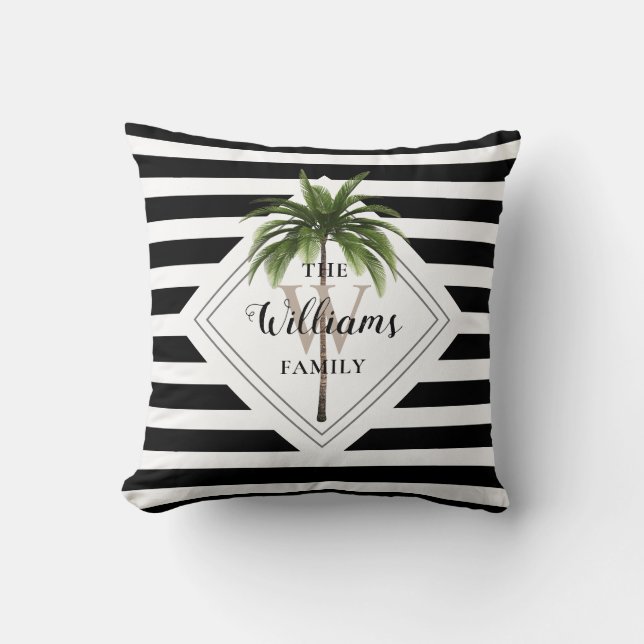Moderne tropische Palmenbaum Schwarz-Weiß-Monogram Kissen (Vorderseite)