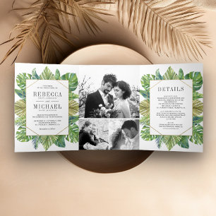 Moderne tropische Palmwedel-Foto-Collage-Hochzeit Dreifach Gefaltete Einladung