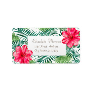 Moderne tropische Palmwedel, Tropisch, Hibiskus Adressaufkleber