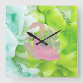 Moderne tropische Rosa Flamingo und Palmen Quadratische Wanduhr