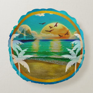 Moderne tropische Strandpalmen Sonnenuntergang Url Rundes Kissen