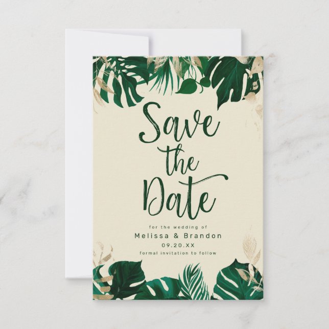 Moderne tropische Themenabende mit Goldene Hochzei Save The Date (Vorderseite)