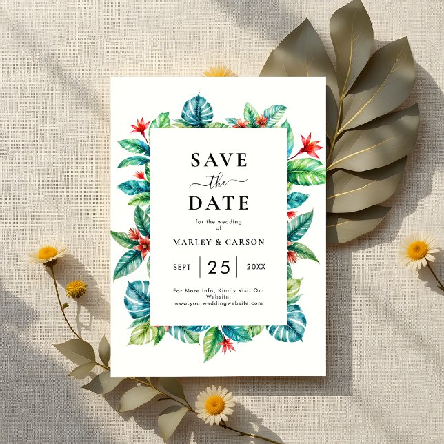 Moderne tropische Vegetation Rahmen Sommerhochzeit Save The Date (Von Creator hochgeladen)