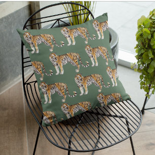 Moderne tropische Wasserfarben-Tiger-Wildnis-Muste Kissen