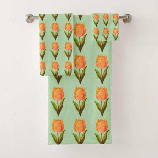 Moderne Tulpenblumenmuster auf Hellgrün Badhandtuch Set (Insitu)