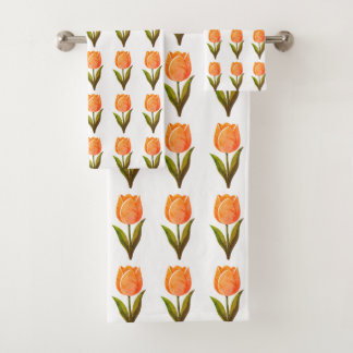 Moderne Tulpenblumenmuster auf Weiß Badhandtuch Set