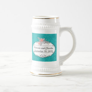 Moderne Türkis-Chartreuse Damask Hochzeit Bierglas