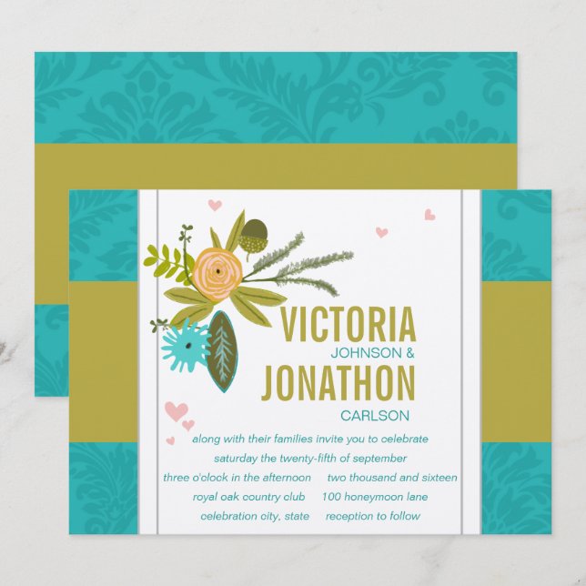 Moderne Türkis-Chartreuse Damask Hochzeit Einladung (Vorne/Hinten)