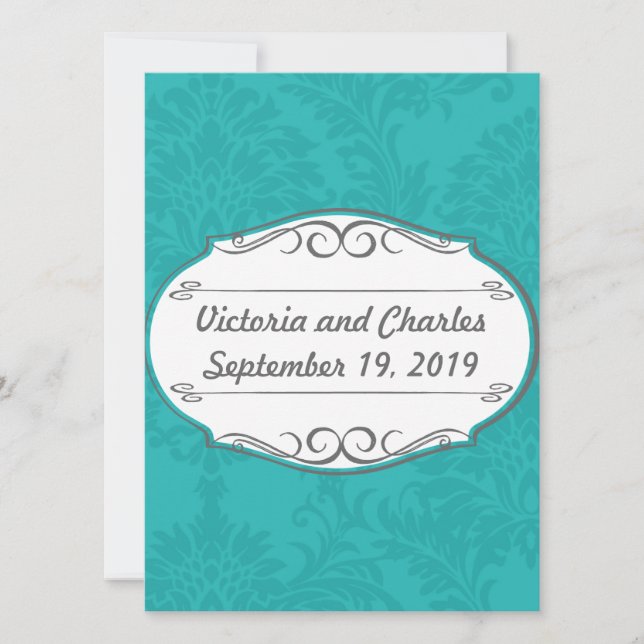 Moderne Türkis-Chartreuse Damask Hochzeit Einladung (Vorderseite)