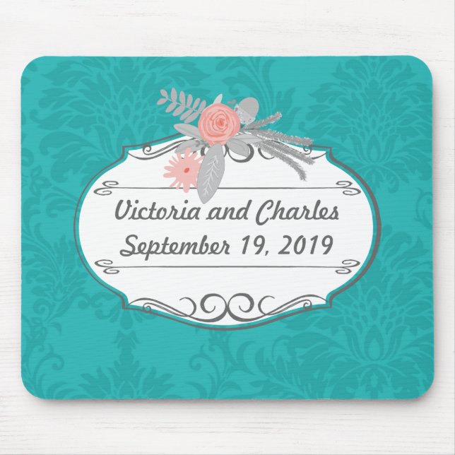 Moderne Türkis-Chartreuse Damask Hochzeit Mousepad (Vorne)