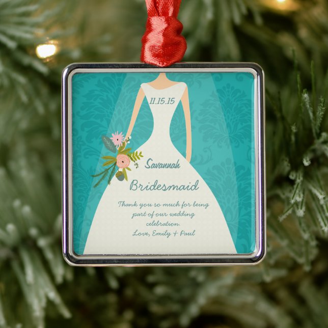 Moderne Türkis-Chartreuse Damask Hochzeit Ornament Aus Metall (Baum)