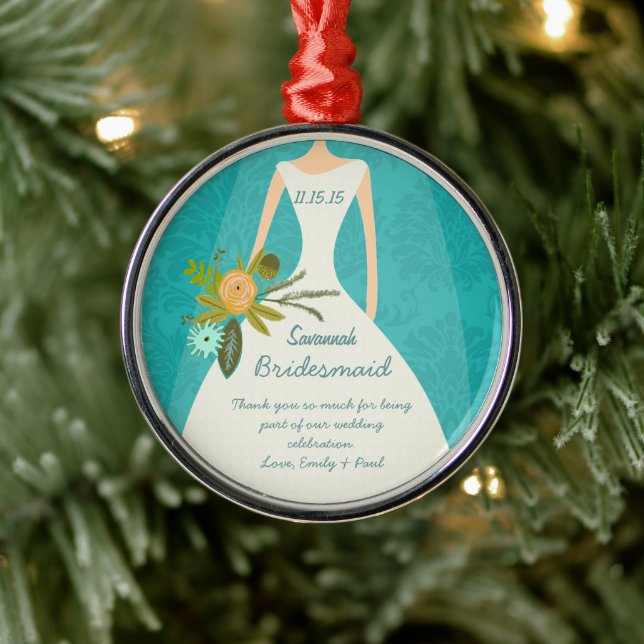 Moderne Türkis-Chartreuse Damask Hochzeit Ornament Aus Metall (Baum)
