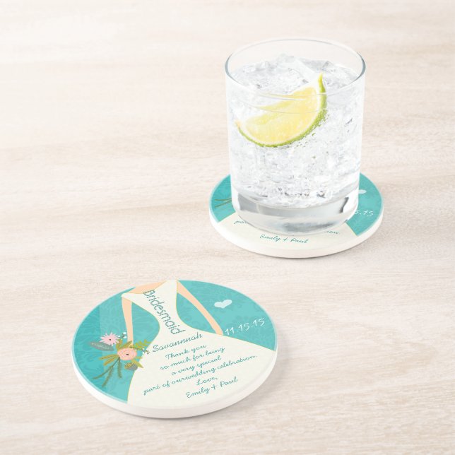 Moderne Türkis-Chartreuse Damask Hochzeit Sandstein Untersetzer (Seite)