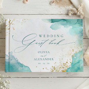 Moderne Türkis-Gold-Abstrakte Strandhochzeit Gästebuch