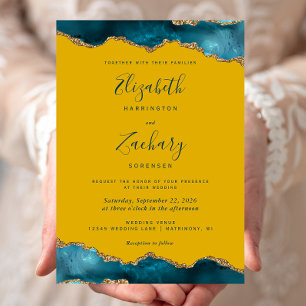 Moderne Türkis-Gold-Achat-Senfgelb-Hochzeit Einladung