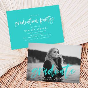 Moderne Türkis-Pinsel-Schrift Graduationsparty Einladung