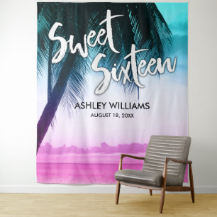 Moderne Türkis Rosa Tropische Luau Sweet 16 Kuliss Wandteppich
