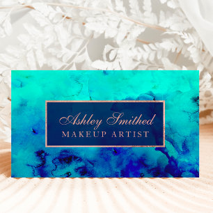 Moderne türkisblaue Aquarellgoldfarben Rose Visitenkarte