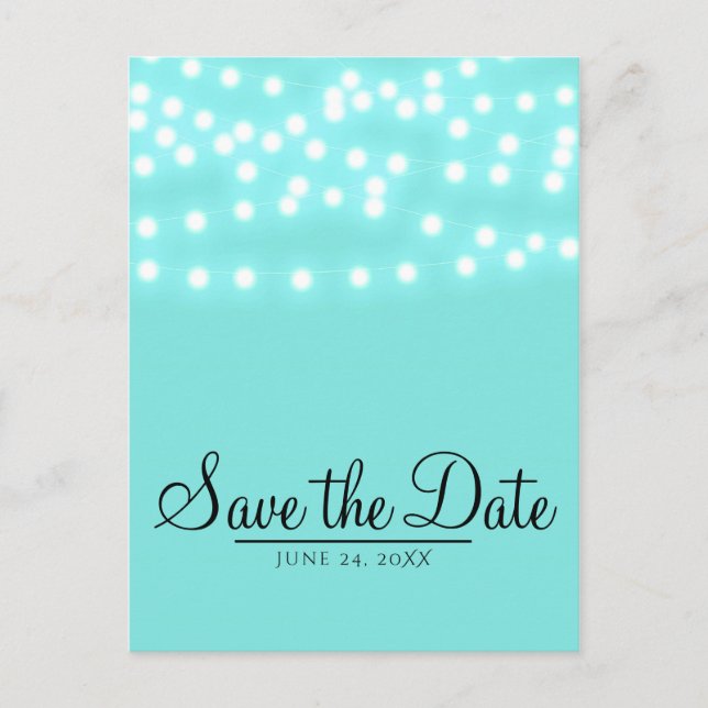 Moderne türkisblaue Saitenleuchten Save the Date Ankündigungspostkarte (Vorderseite)