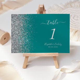 Moderne Türkisblaue Silber-Glitter-Rand-Hochzeit Tischnummer