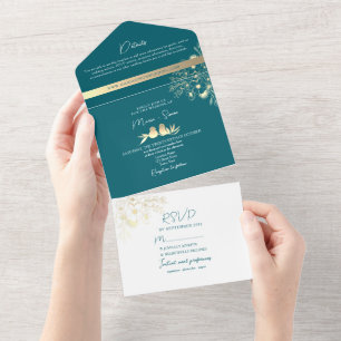 Moderne Türkise und Goldene Hochzeit All In One Einladung