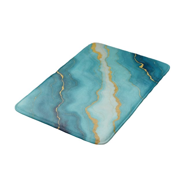 Moderne türkisfarbene Blue Gold Marmor Collection Badematte (Schrägansicht)