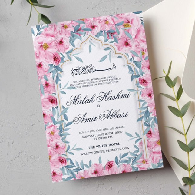 Moderne türkisfarbene Blush Pink Bloral muslimisch Einladung (Von Creator hochgeladen)