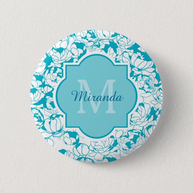 Moderne türkisfarbene florale Girlanongram mit Nam Button (Vorderseite)