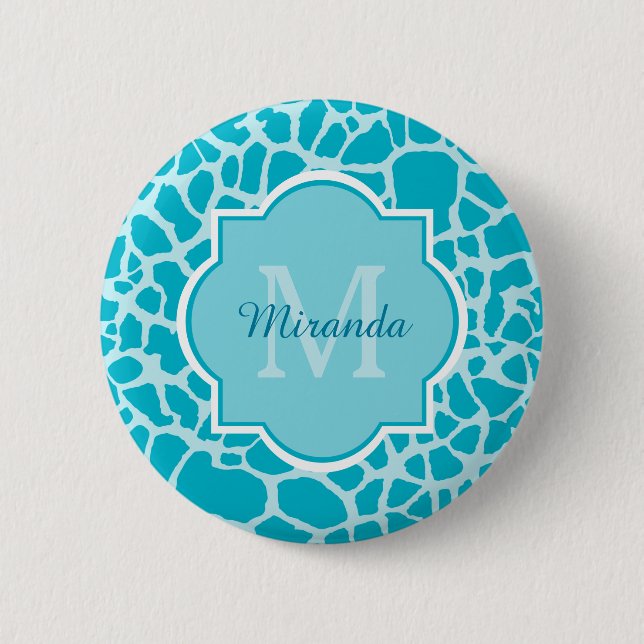 Moderne türkisfarbene Giraffe drucken Monogramm mi Button (Vorderseite)