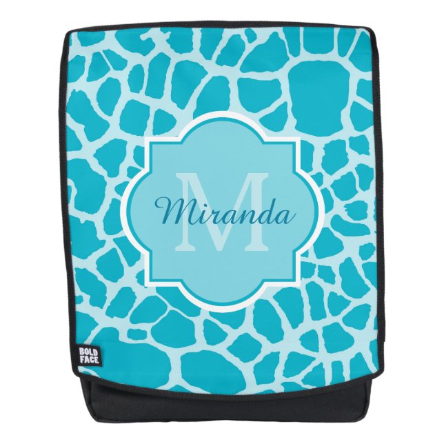 Moderne türkisfarbene Giraffe drucken Monogramm mi Rucksack (Vorderseite)