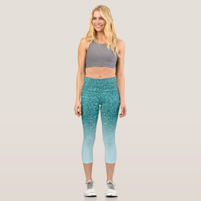 Moderne türkisfarbene Glitzer ombre Glitzern Girls Capri Leggings (Vorderseite)