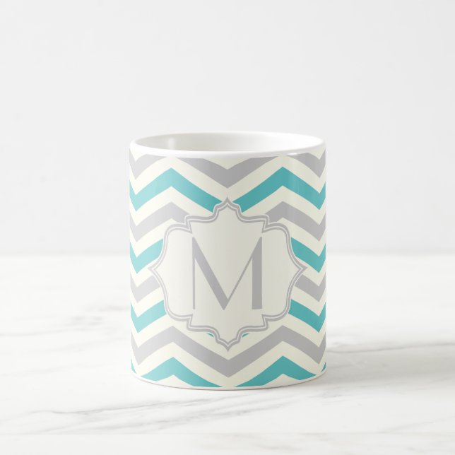 Moderne türkisfarbene, graue, ivorische Zickzack M Kaffeetasse (Mittel)