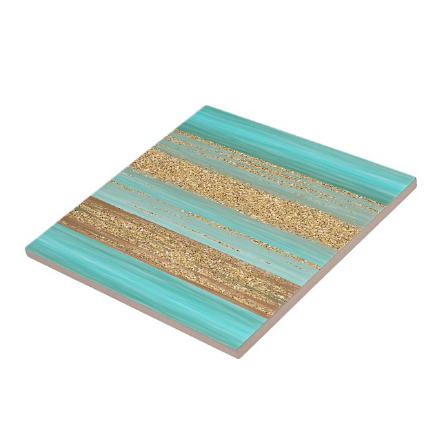 Moderne türkisfarbene Imitate Gold Glitzer Streife Fliese (Seite)