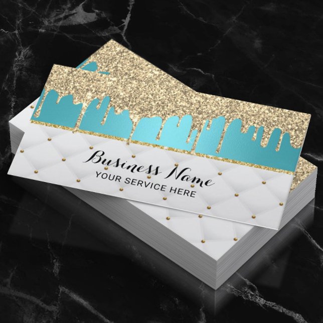 Moderne türkisfarbene Imitate Gold Glitzer Tropfen Visitenkarte (Von Creator hochgeladen)