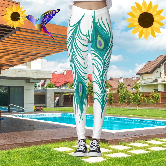 Moderne türkisfarbene Pfauenfedern Weiße Leggings (Von Creator hochgeladen)