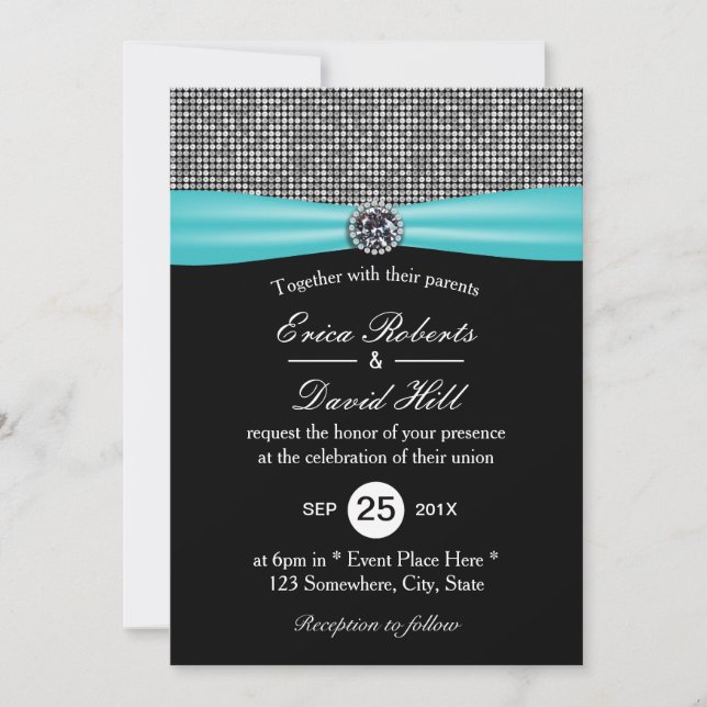 Moderne türkisfarbene Ribbon Silver Glitzer Hochze Einladung (Vorderseite)