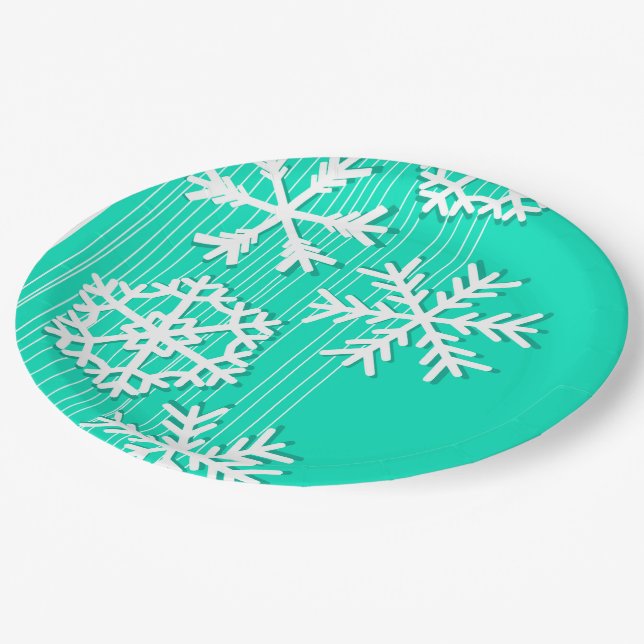Moderne türkisfarbene und weiße Weihnachtsschneefl Pappteller (Schrägansicht)