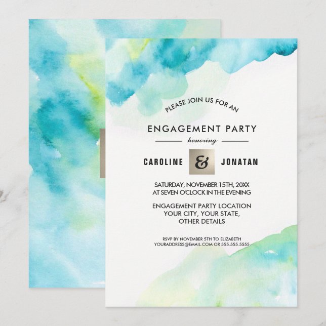 Moderne türkisfarbene Watercolor-Engagement-Partei Einladung (Vorne/Hinten)