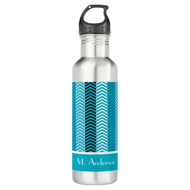 Moderne türkisfarbene Zickzack Streifen mit Namen Edelstahlflasche (Vorderseite)